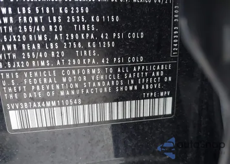 2021 Volkswagen Tiguan 2.0T Se/2.0T Se R-Line Black/2.0T Sel z USA, uszkodzony, nr VIN 3VV3B7AX4MM110548